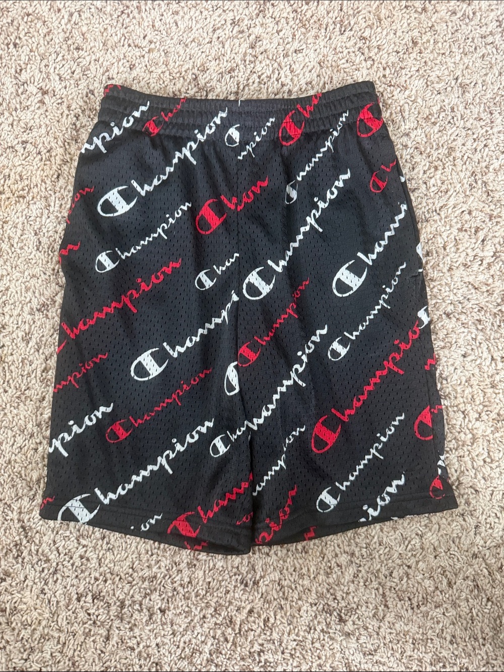 Champion Black Mesh Logo Shorts with Red & White Script Logos